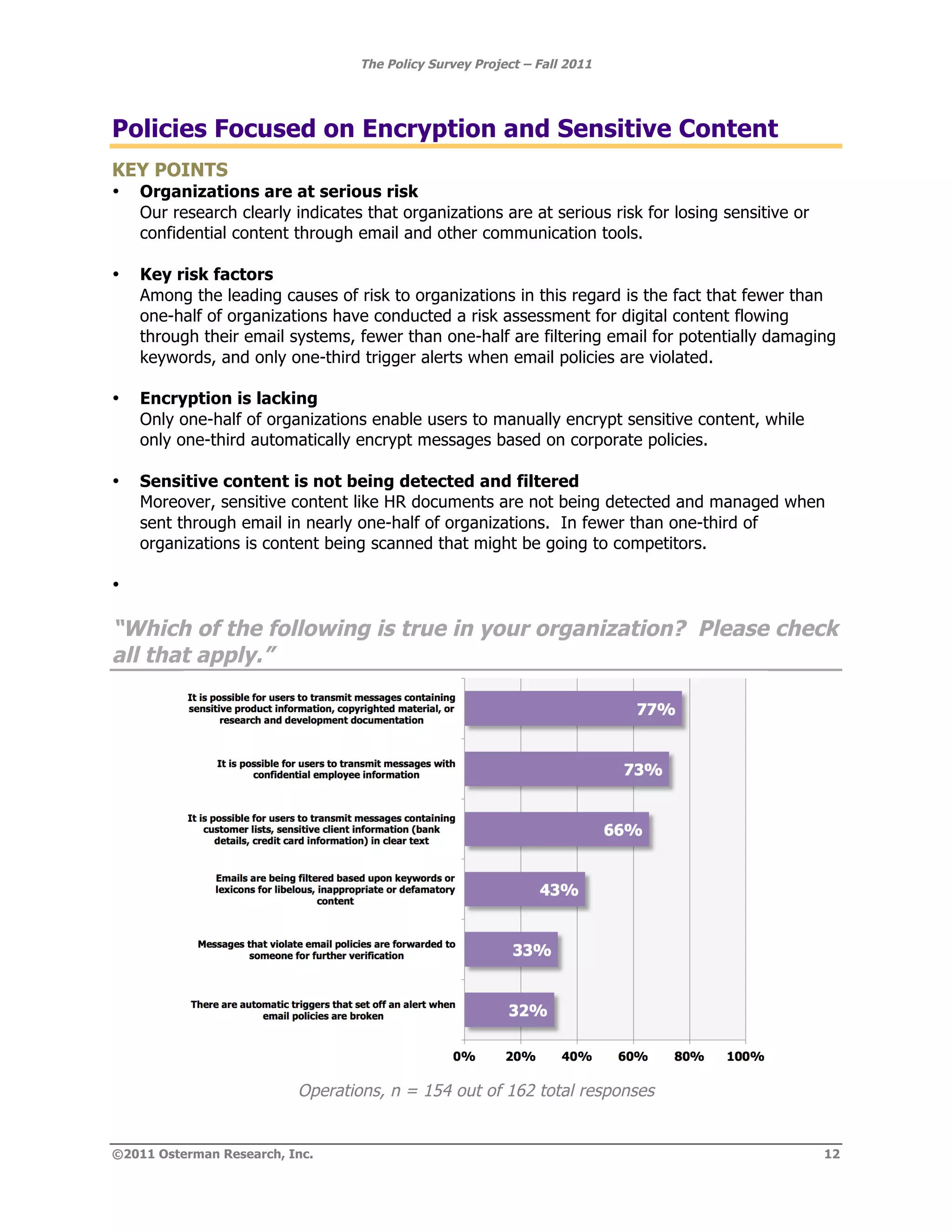 The Policy Survey Project – Fall 2011




Policies Focused on Encryption and Sensitive Content
KEY POINTS
•   Organizations are at serious risk
    Our research clearly indicates that organizations are at serious risk for losing sensitive or
    confidential content through email and other communication tools.

•   Key risk factors
    Among the leading causes of risk to organizations in this regard is the fact that fewer than
    one-half of organizations have conducted a risk assessment for digital content flowing
    through their email systems, fewer than one-half are filtering email for potentially damaging
    keywords, and only one-third trigger alerts when email policies are violated.

•   Encryption is lacking
    Only one-half of organizations enable users to manually encrypt sensitive content, while
    only one-third automatically encrypt messages based on corporate policies.

•   Sensitive content is not being detected and filtered
    Moreover, sensitive content like HR documents are not being detected and managed when
    sent through email in nearly one-half of organizations. In fewer than one-third of
    organizations is content being scanned that might be going to competitors.

•

“Which of the following is true in your organization? Please check
all that apply.”




                          Operations, n = 154 out of 162 total responses


©2011 Osterman Research, Inc.                                                                       12
 