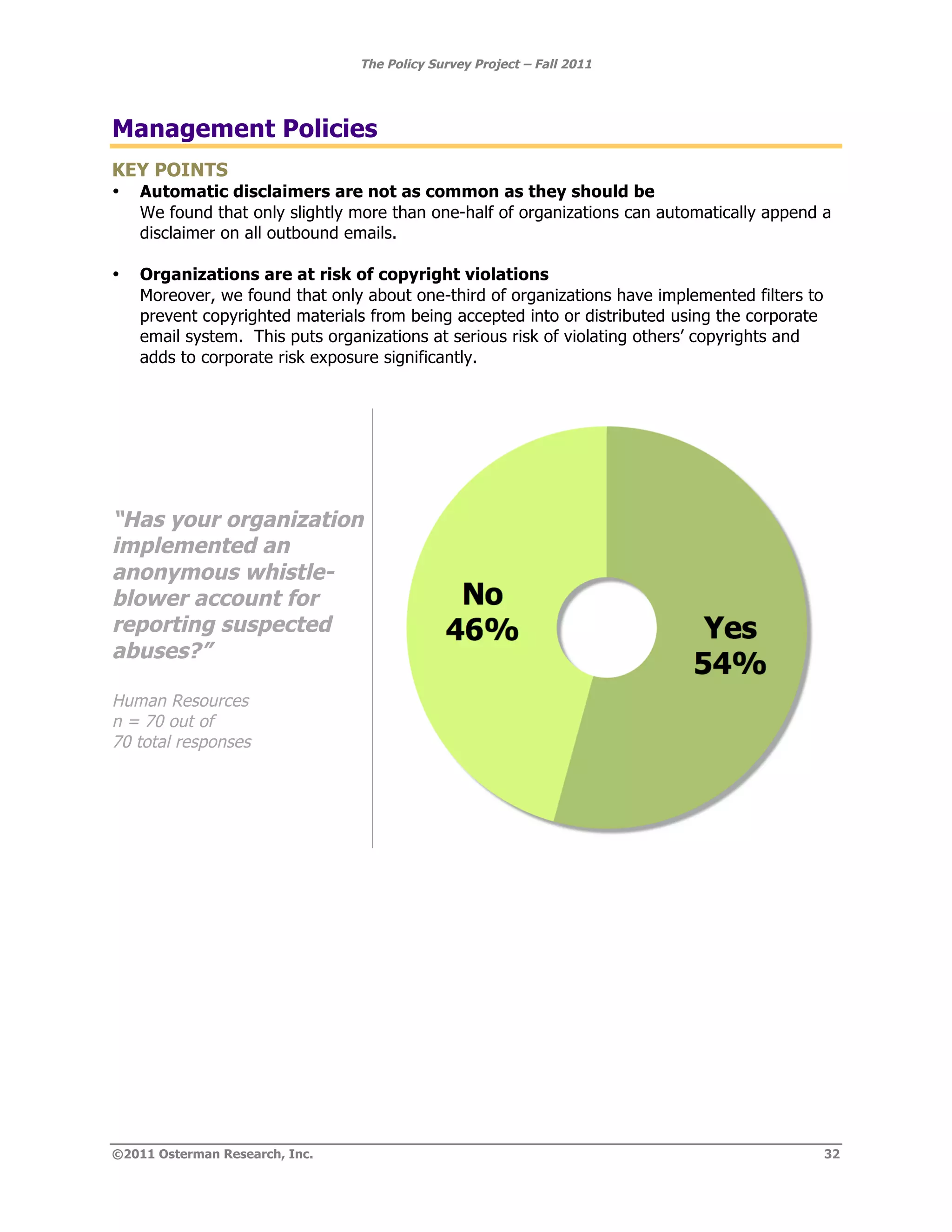 The Policy Survey Project – Fall 2011




Management Policies
KEY POINTS
•   Automatic disclaimers are not as common as they should be
    We found that only slightly more than one-half of organizations can automatically append a
    disclaimer on all outbound emails.

•   Organizations are at risk of copyright violations
    Moreover, we found that only about one-third of organizations have implemented filters to
    prevent copyrighted materials from being accepted into or distributed using the corporate
    email system. This puts organizations at serious risk of violating others’ copyrights and
    adds to corporate risk exposure significantly.




“Has your organization
implemented an
anonymous whistle-
blower account for
reporting suspected
abuses?”

Human Resources
n = 70 out of
70 total responses




©2011 Osterman Research, Inc.                                                                   32
 