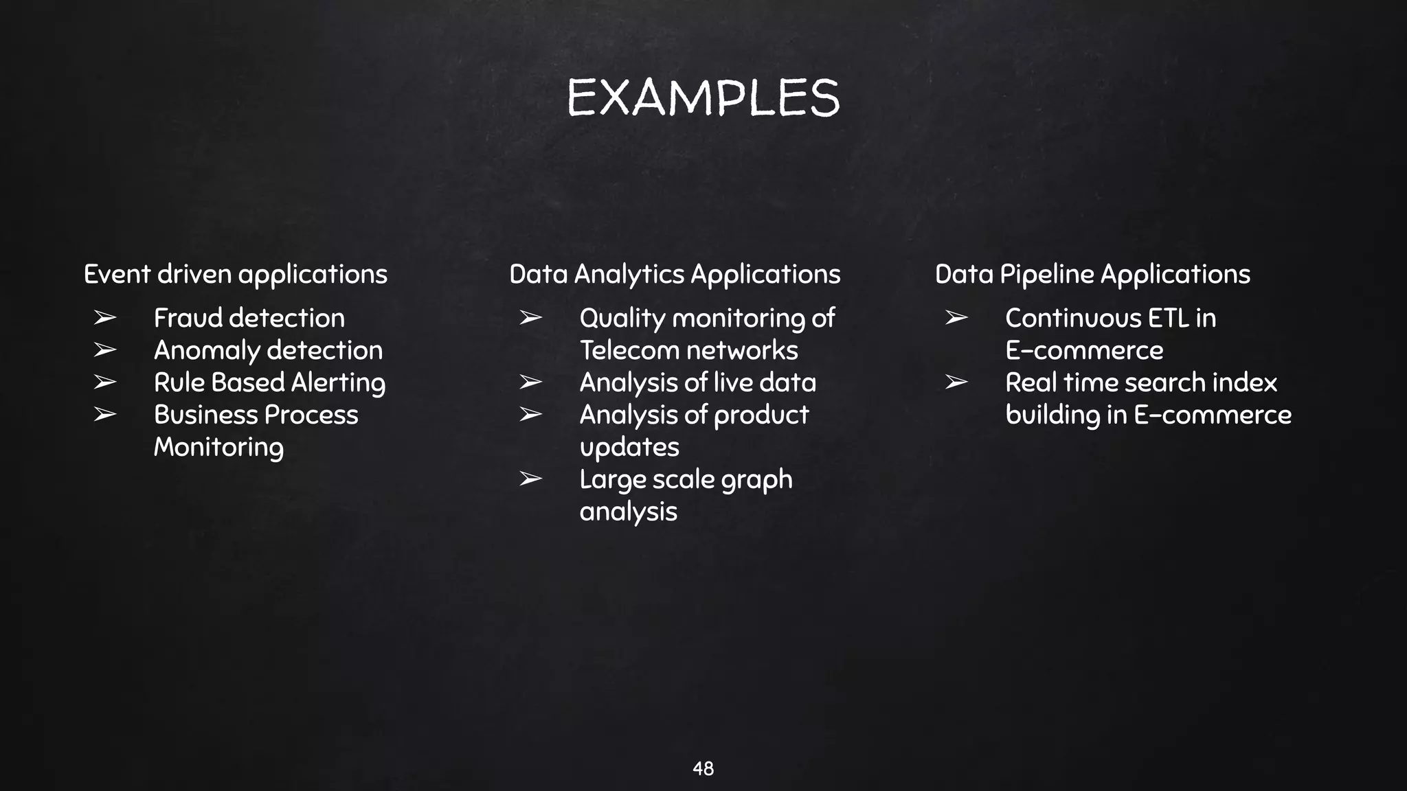 48
EXAMPLES
Event driven applications
➢ Fraud detection
➢ Anomaly detection
➢ Rule Based Alerting
➢ Business Process
Monitoring
Data Analytics Applications
➢ Quality monitoring of
Telecom networks
➢ Analysis of live data
➢ Analysis of product
updates
➢ Large scale graph
analysis
Data Pipeline Applications
➢ Continuous ETL in
E-commerce
➢ Real time search index
building in E-commerce
 