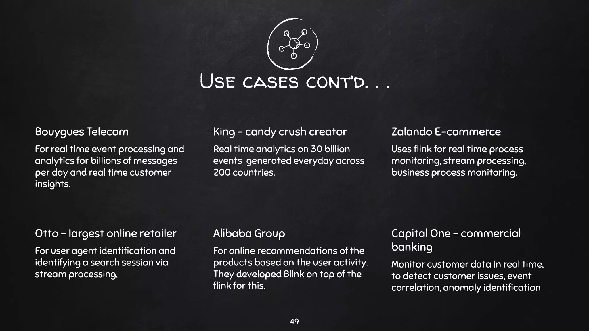 Use cases cont’d. . .
Bouygues Telecom
For real time event processing and
analytics for billions of messages
per day and real time customer
insights.
King - candy crush creator
Real time analytics on 30 billion
events generated everyday across
200 countries.
Zalando E-commerce
Uses ﬂink for real time process
monitoring, stream processing,
business process monitoring.
Otto - largest online retailer
For user agent identiﬁcation and
identifying a search session via
stream processing,
Alibaba Group
For online recommendations of the
products based on the user activity.
They developed Blink on top of the
ﬂink for this.
Capital One - commercial
banking
Monitor customer data in real time,
to detect customer issues, event
correlation, anomaly identiﬁcation
49
 