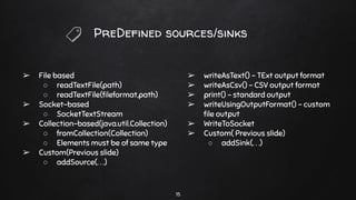 PreDefined sources/sinks
➢ File based
○ readTextFile(path)
○ readTextFile(ﬁleformat,path)
➢ Socket-based
○ SocketTextStream
➢ Collection-based(java.util.Collection)
○ fromCollection(Collection)
○ Elements must be of same type
➢ Custom(Previous slide)
○ addSource(. . .)
➢ writeAsText() - TExt output format
➢ writeAsCsv() - CSV output format
➢ print() - standard output
➢ writeUsingOutputFormat() - custom
ﬁle output
➢ WriteToSocket
➢ Custom( Previous slide)
○ addSink(. . .)
15
 