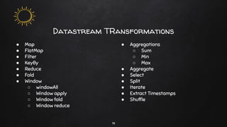 Datastream TRansformations
19
● Map
● FlatMap
● Filter
● KeyBy
● Reduce
● Fold
● Window
○ windowAll
○ Window apply
○ Window fold
○ Window reduce
● Aggregations
○ Sum
○ Min
○ Max
● Aggregate
● Select
● Split
● Iterate
● Extract Timestamps
● Shufﬂe
 