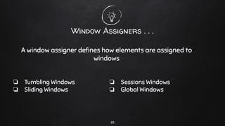 25
Window Assigners . . .
❏ Tumbling Windows
❏ Sliding Windows
A window assigner deﬁnes how elements are assigned to
windows
❏ Sessions Windows
❏ Global Windows
 
