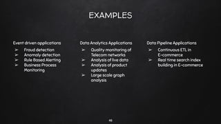 48
EXAMPLES
Event driven applications
➢ Fraud detection
➢ Anomaly detection
➢ Rule Based Alerting
➢ Business Process
Monitoring
Data Analytics Applications
➢ Quality monitoring of
Telecom networks
➢ Analysis of live data
➢ Analysis of product
updates
➢ Large scale graph
analysis
Data Pipeline Applications
➢ Continuous ETL in
E-commerce
➢ Real time search index
building in E-commerce
 