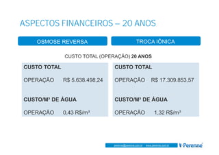 www.perenne.com.br
perenne@perenne.com.br - www.perenne.com.br
ASPECTOS FINANCEIROS – 20 ANOS
OSMOSE REVERSA TROCA IÔNICA
CUSTO TOTAL (OPERAÇÃO) 20 ANOS
CUSTO TOTAL
OPERAÇÃO R$ 5.638.498,24
CUSTO/M³ DE ÁGUA
OPERAÇÃO 0,43 R$/m³
CUSTO TOTAL
OPERAÇÃO R$ 17.309.853,57
CUSTO/M³ DE ÁGUA
OPERAÇÃO 1,32 R$/m³
 