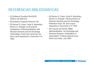 www.perenne.com.br
perenne@perenne.com.br - www.perenne.com.br
REFERÊNCIAS BIBLIOGRÁFICAS
• [1] Software Grundfos WinCAPS
2008.01.28 SQFLEX.
• [2] Software Projecão Perenne v06.
• [3] Steven D. Coker, Scott S. Beardsley,
Sharon S. Whipple, An Economic
Comparison of Demineralization with
Reverse Osmosis and Ion Exchange
Technology, Power-Gen Americas ’94,
Dow Liquid Separations, December 7-9
1994.
• [4] Steven D. Coker, Scott S. Beardsley,
Sharon S. Whipple, The Economics of
Reverse Osmosis and Ion Exchange,
Watertech Expo ’94, Dow Liquid
Separations, November 9-11 1994.
• [5] François de Dardel, Water
demineralisation. Ion Exchange and
Reverse Osmosis: Competitors or
Associates?, IX News Special Issue,
Rohm and Haas, July 2005.
 