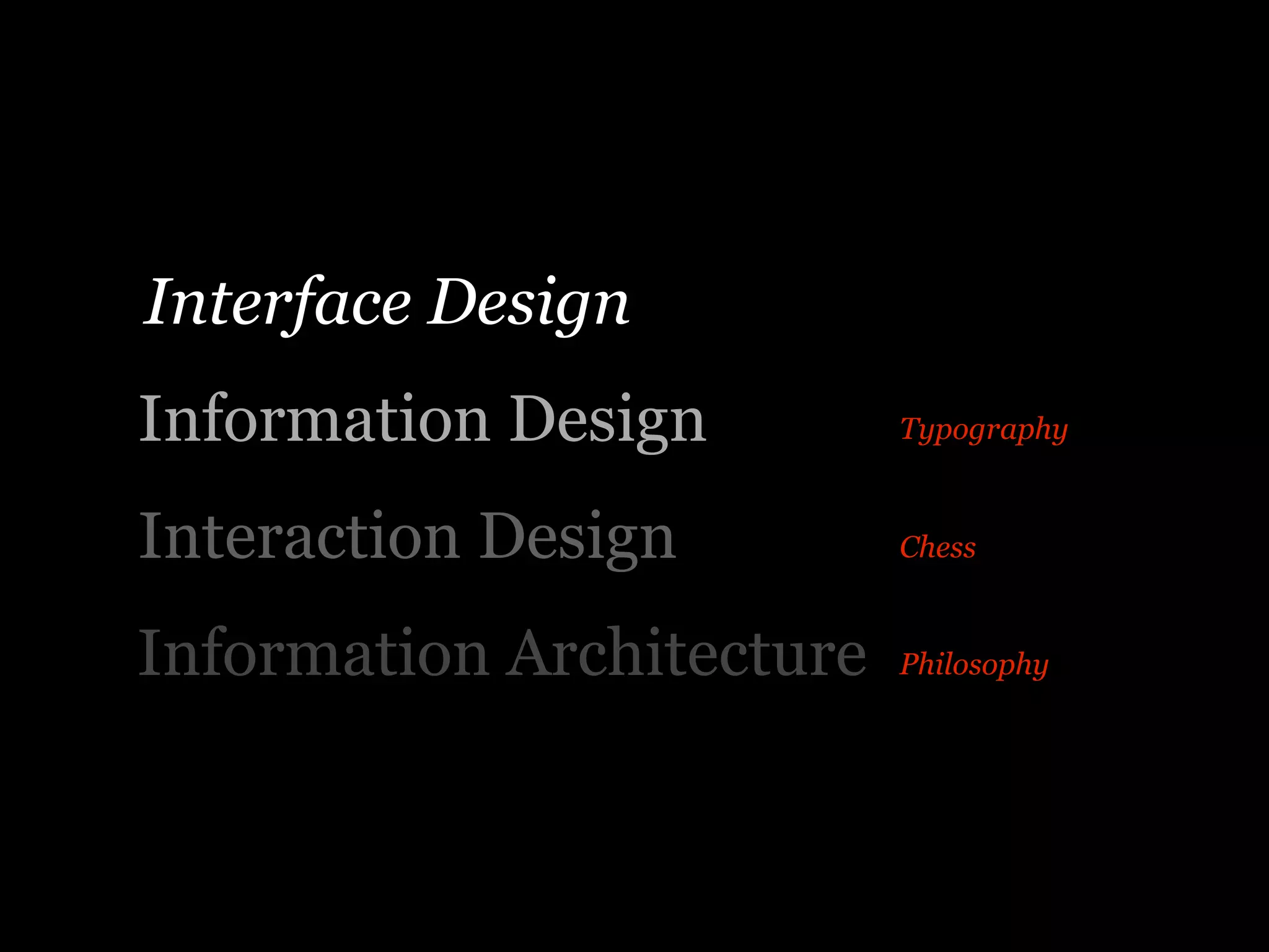 Interface Design
Information Design         Typography


Interaction Design         Chess


Information Architecture   Philosophy
 