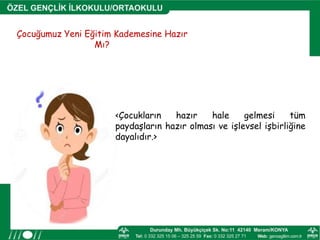 Çocuğumuz Yeni Eğitim Kademesine Hazır
Mı?
<Çocukların hazır hale gelmesi tüm
paydaşların hazır olması ve işlevsel işbirliğine
dayalıdır.>
 