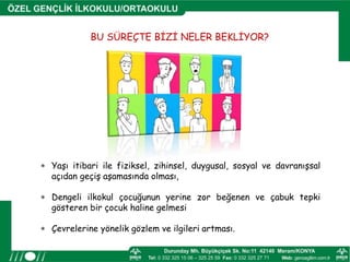 BU SÜREÇTE BİZİ NELER BEKLİYOR?
 Yaşı itibari ile fiziksel, zihinsel, duygusal, sosyal ve davranışsal
açıdan geçiş aşamasında olması,
 Dengeli ilkokul çocuğunun yerine zor beğenen ve çabuk tepki
gösteren bir çocuk haline gelmesi
 Çevrelerine yönelik gözlem ve ilgileri artması.
 