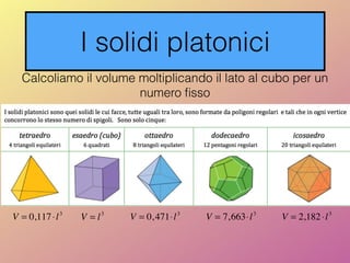 I solidi platonici
Calcoliamo il volume moltiplicando il lato al cubo per un
numero ﬁsso
V = 0,117⋅l3
V = l3
V = 0,471⋅l3
V = 7,663⋅l3
V = 2,182⋅l3
 