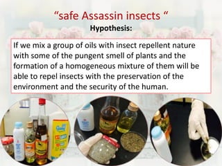 “safe Assassin insects “ 
Hypothesis: 
If we mix a group of oils with insect repellent nature 
with some of the pungent smell of plants and the 
formation of a homogeneous mixture of them will be 
able to repel insects with the preservation of the 
environment and the security of the human. 
 