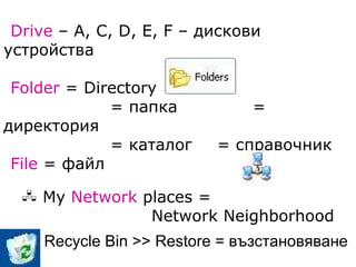 My Computer Drive  –  A ,  C ,  D ,  E ,  F  –   дискови устройства Folder  =  Directory =   папка   =  директория =  каталог =   справочник File  =  файл  My  Network  places =   Network Neighborhood Recycle Bin >> Restore =  възстановяване 