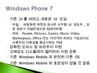 기존  UI 를 버리고 새로운  UI  도입 타일  :  바탕화면 위젯과 유사한 사각형  UI  윈도우 ,  모든 정보가 리얼타임으로 업데이트됨 허브  : People, Pictures, Games, Music-Video, Marketplace, Office 라는 여섯개의 허브는 기능보다는 사용자의 사용성을 중요시하는 개념 강화된 오피스 및 브라우저 지원 고해상도 디스플레이 멀티터치 지원 강화 기존  Windows Mobile 과 완전히 다른  OS 기존  Windows Mobile 와 호완성이 없을 것 같음 