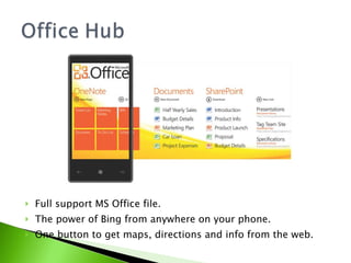 Full support MS Office file. The power of Bing from anywhere on your phone. One button to get maps, directions and info from the web. 