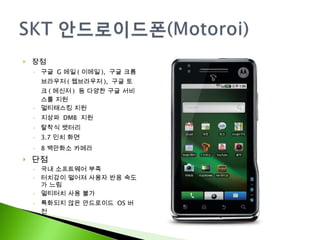 장점 구글  G 메일 ( 이메일 ),  구글 크롬 브라우저 ( 웹브라우저 ),  구글 토크 ( 메신저 )  등 다양한 구글 서비스를 지원 멀티태스킹 지원 지상파  DMB  지원 탈착식 뱃터리 3.7 인치 화면 8 백만화소 카메라 단점 국내 소프트웨어 부족 터치감이 떨어져 사용자 반응 속도가 느림 멀티터치 사용 불가 특화되지 않은 안드로이드  OS 버전 