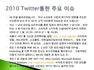 40 만을 돌파하였습니다 .  국내 스마트폰 시장에 획기적인 변화를 주도한 아이폰에 보내 주신  40 만 고객 여러분께 진심으로 감사 드립니다 지난  1 년새 모바일 브라우저를 통합 접속이 페이스북은  2 배 이상 ,  트위터는  4 배 이상으로 증가 .  스마트폰 소지자중 소셜네트웍 접속자 비중은  2009 년  1 월  22.5%->2010 년  1 월  30.8%. 애플이  HTC 를 고소한 관련특허들 설명  http://j.mp/cBpnQe   아이콘재정렬 , 제스쳐언락 , 스크롤링 , 전화걸때근접센서로 화면끄기 ..  등등 피해가기 어려운 특허가 꽤 되네요 .  소송이 몇년은 갈텐데 어찌진행될지 궁금 .  윈도 7 폰개발을 위해  MS 는  2 년전 기존 윈모개발조직을 대수술 . Underdog 을 다른 부서로 보내고 최고인재들을 뽑아왔다고 .  그렇게해도 이렇게 시간이 걸렸으니  SW OS 개발은 참 힘이 드는 것 .  윈도 7 폰 개발에 대한  NYT 기사  After Fumble, Microsoft Redoes Phone Software  http://nyti.ms/d7b4d6   아이폰의 등장이 기존 윈모를 폐기하고 처음부터 새로 시작하는 계기가 됐다고 솔직히 인정 .  