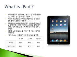 미국 애플사가  2010 년  1 월  27 일 미국 샌프란시스코에서 발표한 차세대 태블릿 기기의 스크린을 손가락으로 터치하는 방식으로 컨트롤이 가능한 휴대형  PC 태블릿과 아이패드의 차이점은 태블릿이 키보드라는 입력체계에서 벗어나 터치스크린을 붙인 것이라면 ,  아이패드는 그 시작부터가 터치에 맞추어 최적화 태블릿 보다 가볍고  몇 가지 주요 기능에 최적화 되어 있음 기본  iPhone  어플리케이션 수정 없이 실행됨 