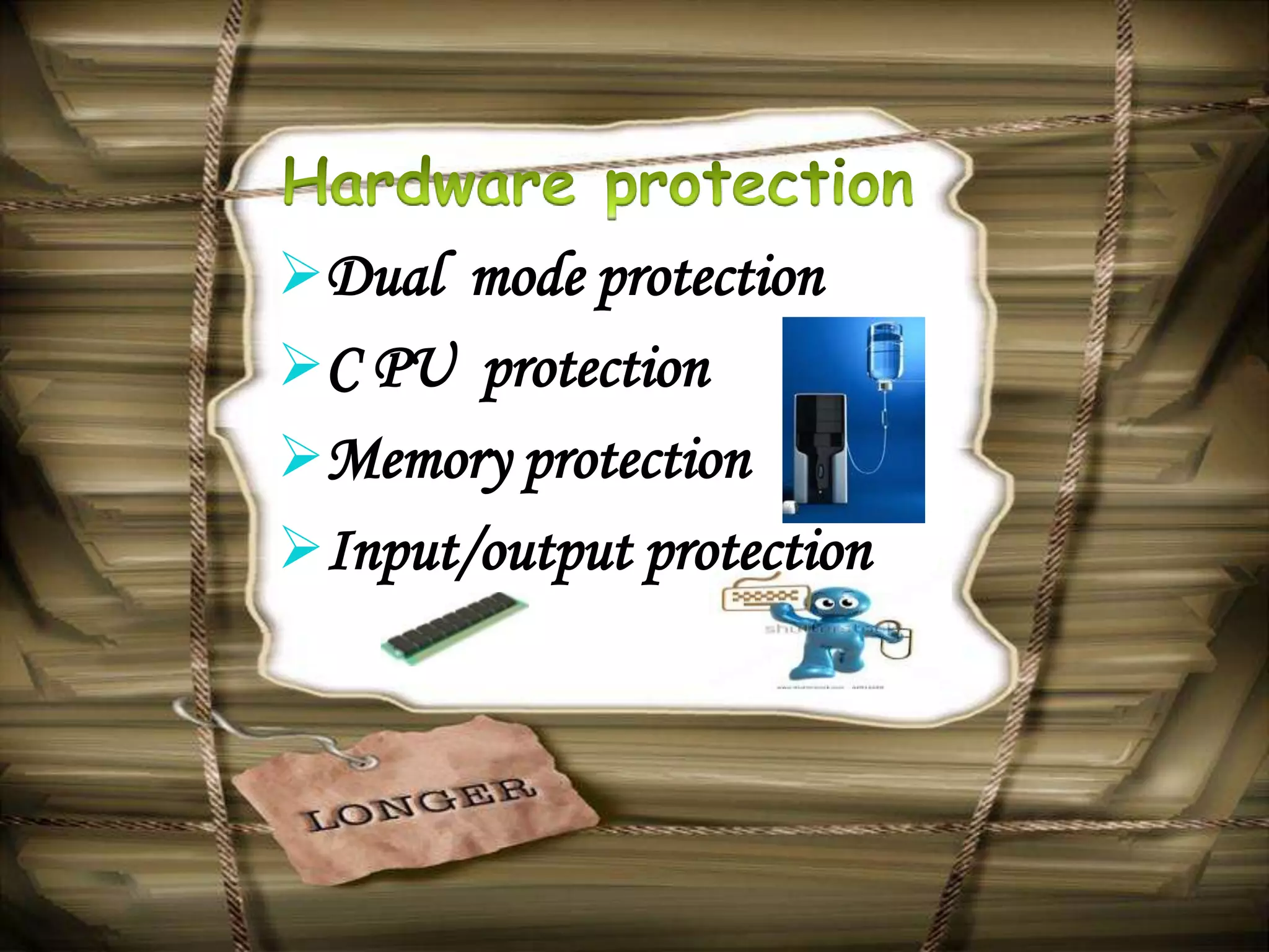 Dual mode protection
C PU protection
Memory protection
Input/output protection
 