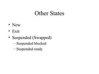 Other States
• New
• Exit
• Suspended (Swapped)
  – Suspended blocked
  – Suspended ready
 