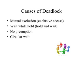 Causes of Deadlock
•   Mutual exclusion (exclusive access)
•   Wait while hold (hold and wait)
•   No preemption
•   Circular wait
 