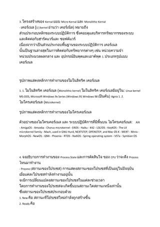 3. Kernal Micro Kernal Monolithic Kernal
- 1] (kernel
1.
1. 1. Monolithic kernel) Linux kernel
MS-DOS, Microsoft Windows 9x Series (Windows 95 Windows 98 Agnix 1. 2.
Microkernel)
AIX
- AmigaOS - Amoeba - Chorus microkernel - EROS - Haiku - K42 - LSE/OS - KeyKOS - The L4
microkernel family - Mach, used in GNU Hurd, NEXTSTEP, OPENSTEP, and Mac OS X - MERT - Minix -
MorphOS - NewOS - QNX - Phoenix - RTOS - RadiOS - Spring operating system - VSTa - Symbian OS
4. Process State CPU Process
- Process (
1. New
2. Ready
 
