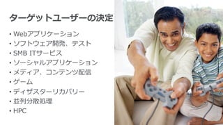 ターゲットユーザーの決定
• Webアプリケーション
• ソフトウェア開発、テスト
• SMB  ITサービス
• ソーシャルアプリケーション
• メディア、コンテンツ配信
• ゲーム
• ディザスターリカバリー
• 並列列分散処理理
• HPC
10
 