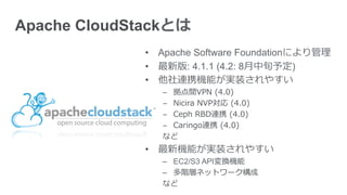 Apache CloudStackとは
•  Apache Software Foundationにより管理理
•  最新版: 4.1.1 (4.2: 8⽉月中旬予定)
•  他社連携機能が実装されやすい
–  拠点間VPN  (4.0)
–  Nicira  NVP対応  (4.0)
–  Ceph  RBD連携  (4.0)
–  Caringo連携  (4.0)
など
•  最新機能が実装されやすい
–  EC2/S3 API変換機能
–  多階層ネットワーク構成
など
 