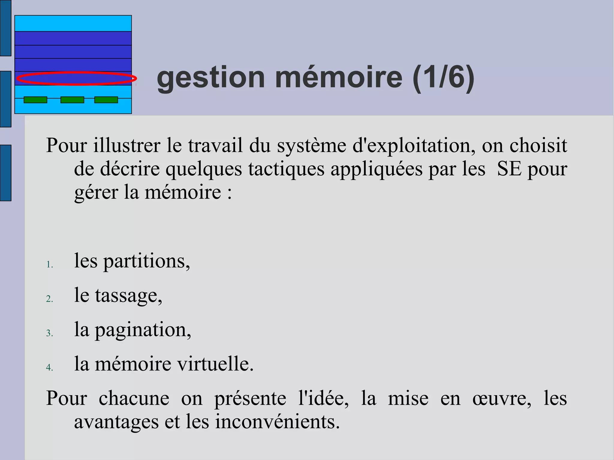 gestion mémoire (1/6)
Pour illustrer le travail du système d'exploitation, on choisit
de décrire quelques tactiques appliquées par les SE pour
gérer la mémoire :

1.

les partitions,

2.

le tassage,

3.

la pagination,

4.

la mémoire virtuelle.

Pour chacune on présente l'idée, la mise en œuvre, les
avantages et les inconvénients.

 