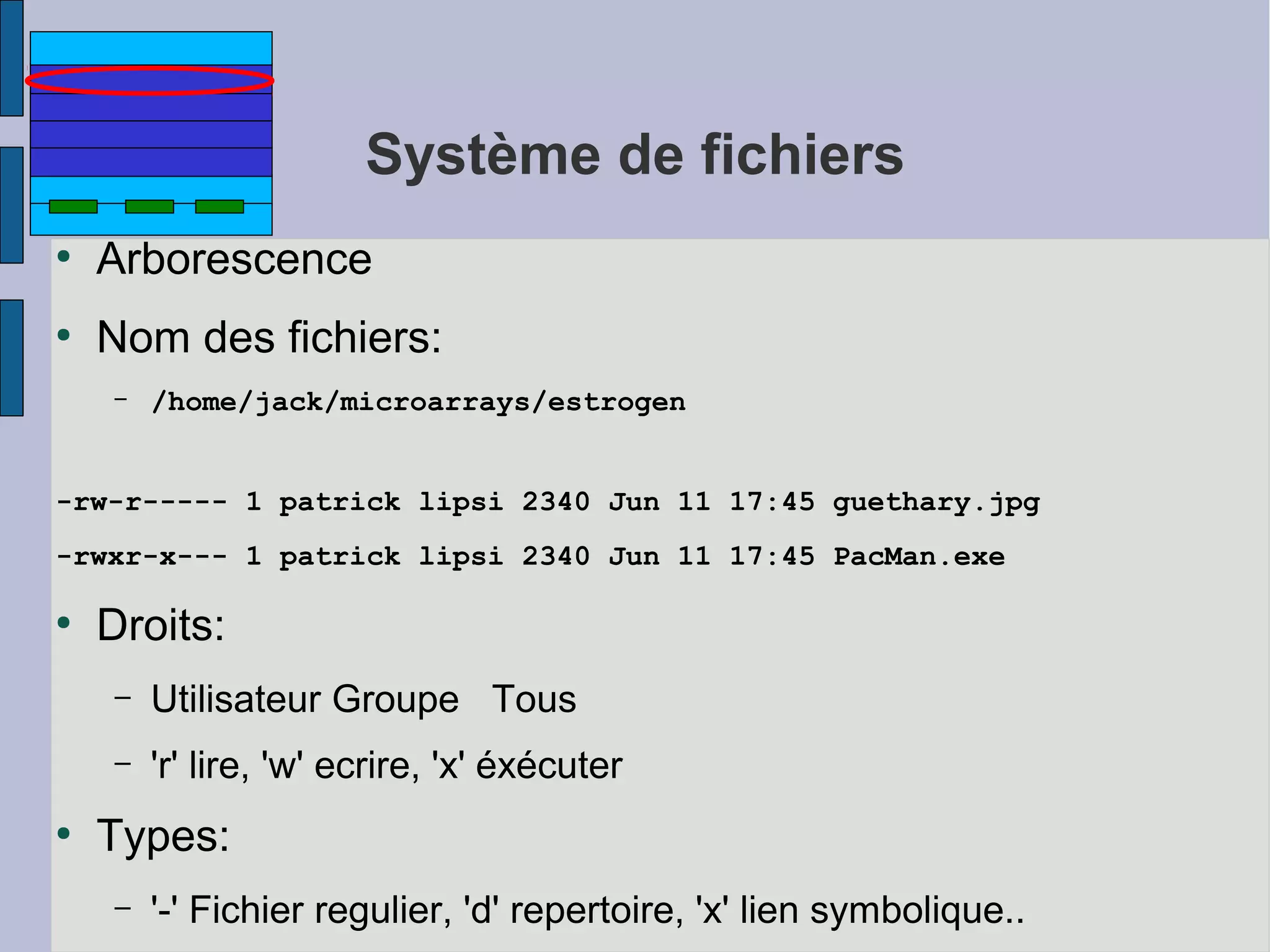 Système de fichiers
●

Arborescence

●

Nom des fichiers:
–

/home/jack/microarrays/estrogen

-rw-r----- 1 patrick lipsi 2340 Jun 11 17:45 guethary.jpg
-rwxr-x--- 1 patrick lipsi 2340 Jun 11 17:45 PacMan.exe
●

Droits:
–
–

●

Utilisateur Groupe Tous
'r' lire, 'w' ecrire, 'x' éxécuter

Types:
–

'-' Fichier regulier, 'd' repertoire, 'x' lien symbolique..

 