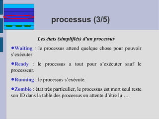 processus (3/5)
Les états (simplifiés) d'un processus

•Waiting : le processus attend quelque chose pour pouvoir
s’exécuter
•Ready :
processeur.

le processus a tout pour s’exécuter sauf le

•Running : le processus s’exécute.
très
•Zombie : étattable particulier, le processus est mort seul reste
son ID dans la
des processus en attente d’être lu …

 