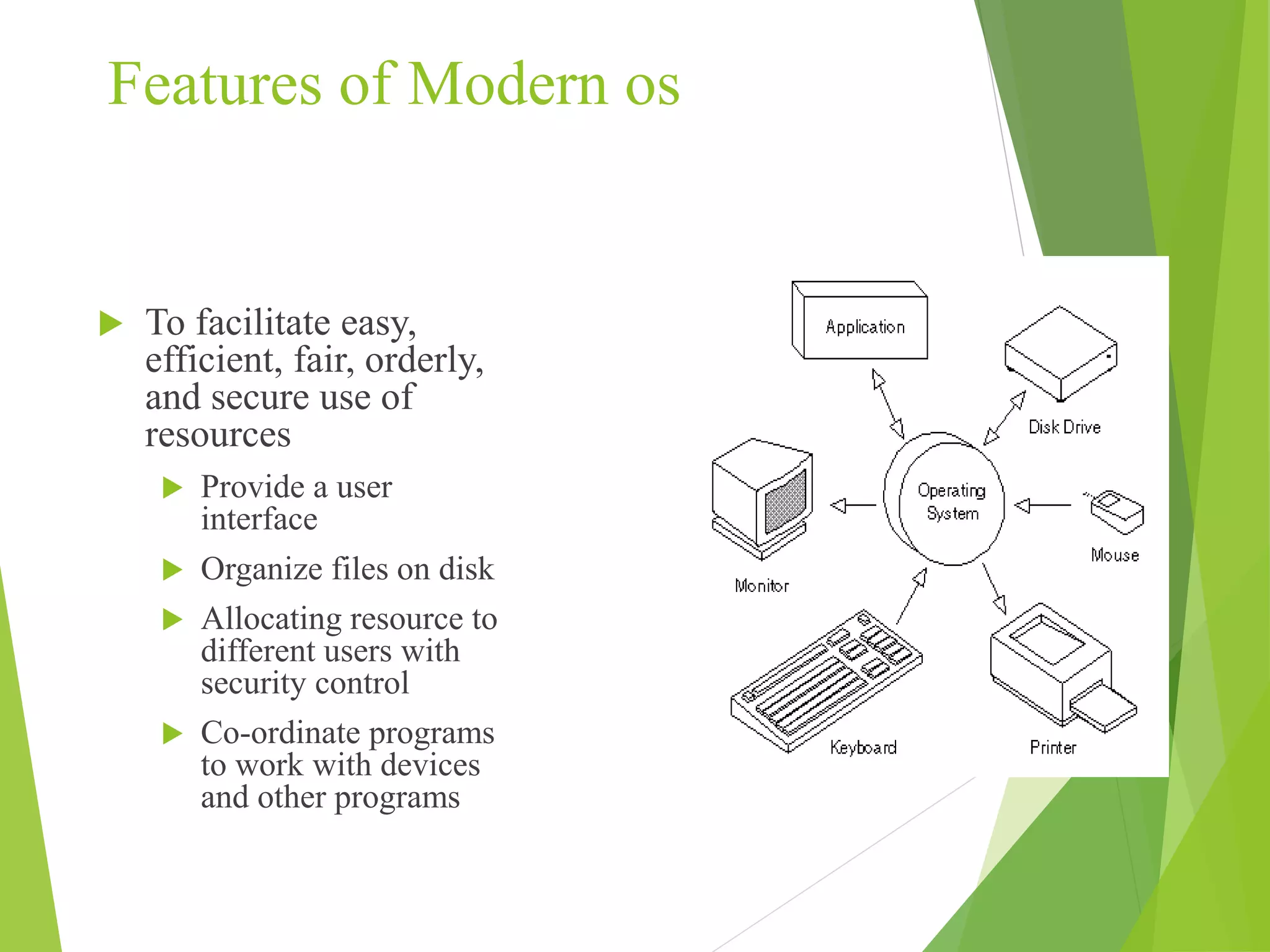 Features of Modern os
 To facilitate easy,
efficient, fair, orderly,
and secure use of
resources
 Provide a user
interface
 Organize files on disk
 Allocating resource to
different users with
security control
 Co-ordinate programs
to work with devices
and other programs
 