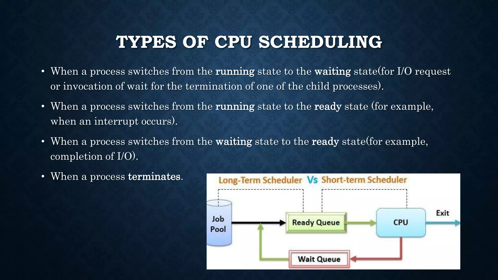 TYPES OF CPU SCHEDULING
• When a process switches from the running state to the waiting state(for I/O request
or invocation of wait for the termination of one of the child processes).
• When a process switches from the running state to the ready state (for example,
when an interrupt occurs).
• When a process switches from the waiting state to the ready state(for example,
completion of I/O).
• When a process terminates.
 