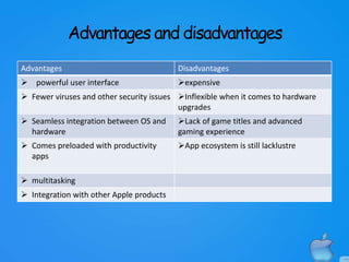 Advantages and disadvantages
Advantages Disadvantages
 powerful user interface expensive
 Fewer viruses and other security issues Inflexible when it comes to hardware
upgrades
 Seamless integration between OS and
hardware
Lack of game titles and advanced
gaming experience
 Comes preloaded with productivity
apps
App ecosystem is still lacklustre
 multitasking
 Integration with other Apple products
 
