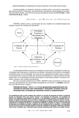 135o&s - v.11 - n.29 - Janeiro/Abril - 2004
Desafios Metodológicos no Mapeamento de Clusters Industriais: o Caso de São José dos Campos
Estratégia,
Estrutura e
Rivalidade das
Empresas
Condições de
Fatores
Indústrias
Correlatas e de
Apoio
Condições de
Demana
Figura 1: “O sistema completo”, Porter (1993), pg. 146
Governo
Acaso
4
As semelhanças entre os dois modelos são notáveis. O conceito de diamante de Porter é explicado
através da interação entre suas quatro “pontas”: (1) Condiçoes de Demanda, (2) Condições de
Fatores, (3) Indústrias relacionadas e de suporte, e (4) Rivalidade, estrutura e estratégia das em-
presas. O modelo de Marshall, por outro lado, é comparável ao modelo porteriano, pois (1) concen-
tração de mão-de-obra especializada e (2) oferta privilegiada de fatores críticos à industria local são
compatíveis às condições de fatores e existência de indústrias correlatas na região. A concentração
de empresas na localidade é paralela a exigência de alta rivalidade entre as empresas. A comparação
merece um pouco mais de atenção quando se trata de condições de demanda. Finalmente, Marshall,
como Porter, acreditam que a demanda pelos produtos produzidos pelo distrito tem origem interna.
A preocupação, no entanto, de fazer a ponte entre o conceito e uma defini-
ção operacional foi retomada, recentemente, através da mensuração de aumen-
tos de produtividade, crescimento e preços de fatores locais (GLAESER et al., 1992;
HENDERSON et al., 1995).
CLUSTER – EM BUSCA DE UM CONSTRUTO
PORTER (1993) inicia a construção de seu modelo de competitividade das
nações a partir do modelo de diamante:
A interação dinâmica entre as condições de demanda, condições de fatores,
rivalidade das empresas e indústrias correlatas e de apoio condiciona a vantagem
competitiva de uma localização. De certa forma, poderíamos sugerir que o concei-
to de diamante é uma evolução do conceito marshalliano4
, mas ao mesmo tempo
expandido: as localidades que são associadas a diamantes podem incorporar es-
tados, países e até regiões planetárias.
Em seus estudos posteriores (1999), PORTER volta novamente a situar seu
conceito de diamante em localizações geográficas concretas, os clusters industri-
ais, que definiremos a seguir:
Definição de Cluster: “Um [cluster] é um agrupamento geograficamente con-
centrado de empresas inter-relacionadas e instituições correlatas numa de-
terminada área, vinculadas por elementos comuns e complementares.”
 