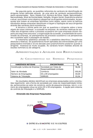 157o&s - v.11 - n.29 - Janeiro/Abril - 2004
O Processo Sucessório em Empresas Familiares. O Exemplo dos Comerciantes e o Processo no Saara
Na segunda parte, as questões referentes às variáveis de identificação do
dirigente foram definidas através de uma série de variáveis socioeconômicas,
assim apresentadas: Sexo, Estado Civil, Número de filhos, Idade, Naturalidade /
Nacionalidade, Nível de Escolaridade, Religião, Origem Social, Experiência anterior
e atual, que tinham como objetivo categorizar os dirigentes entrevistados. As pes-
quisas que tratam as empresas familiares como objeto, assim como os teóricos
estudiosos dessas empresas identificam e traçam a tipologias de seus dirigentes
através das variáveis sócio-econômicas.
A terceira e última parte em que se questiona o dirigente sobre o tema
objeto de nosso interesse: a sucessão na empresa. As variáveis relativas às opi-
niões dos dirigentes sobre o processo sucessório em suas empresas diziam res-
peito aos seguintes assuntos: a organização da sucessão, a modalidade de trans-
missão da empresa, ao planejamento do processo sucessório e as perspectivas
dos sucedidos após a passagem do bastão.
O tratamento estatístico utilizado foi a estatística descritiva ( freqüências
absoluta e relativa). Os questionários foram aplicados aos entrevistados por uma
pesquisadora treinada e só era deixado para preenchimento posterior quando o
dirigente mostrava-se muito ocupado. As variáveis foram medidas através de
escalas nominais ou de categoria.
APRESENTAÇÃO E ANÁLISE DOS RESULTADOS
AS CARACTERÍSTICAS DAS EMPRESAS PESQUISADAS
Os resultados obtidos identificam as empresas pesquisadas como constitu-
ídas legalmente sob a forma de sociedade por cotas de responsabilidade limita-
da, pertencentes ao setor do comércio, porte de pequena empresa, isto é, o nú-
mero de empregados situa-se entre 05 e 09 empregados. A opção pelo sistema
de controle de tributação é o SIMPLES.
Dimensão das Empresas Pesquisadas
VARIÁVEIS RETIDAS ENCONTRADO %
Constituição Jurídica da Empresa Sociedade por Cotas de
Responsabilidade Limitada
96,96
Setor de Atividade Comércio 100,00
Número de Empregados 05 a 09 empregados 69,69
Sistema de Tributação SIMPLES 93,94
69,69%
21,21%
9,10%
ENTRE 05 e 09 ENTRE 10 E 19 OUTROS
 
