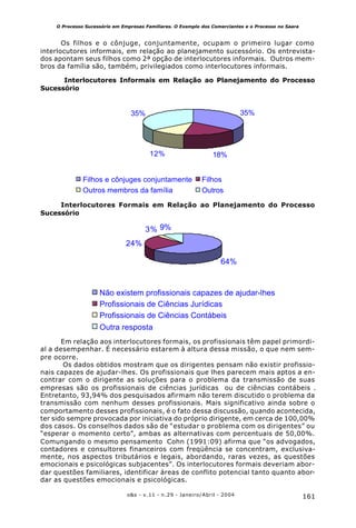 161o&s - v.11 - n.29 - Janeiro/Abril - 2004
O Processo Sucessório em Empresas Familiares. O Exemplo dos Comerciantes e o Processo no Saara
35%
18%12%
35%
Filhos e cônjuges conjuntamente Filhos
Outros membros da família Outros
Os filhos e o cônjuge, conjuntamente, ocupam o primeiro lugar como
interlocutores informais, em relação ao planejamento sucessório. Os entrevista-
dos apontam seus filhos como 2ª opção de interlocutores informais. Outros mem-
bros da família são, também, privilegiados como interlocutores informais.
Interlocutores Informais em Relação ao Planejamento do Processo
Sucessório
Interlocutores Formais em Relação ao Planejamento do Processo
Sucessório
64%
24%
3% 9%
Não existem profissionais capazes de ajudar-lhes
Profissionais de Ciências Jurídicas
Profissionais de Ciências Contábeis
Outra resposta
Em relação aos interlocutores formais, os profissionais têm papel primordi-
al a desempenhar. É necessário estarem à altura dessa missão, o que nem sem-
pre ocorre.
Os dados obtidos mostram que os dirigentes pensam não existir profissio-
nais capazes de ajudar-lhes. Os profissionais que lhes parecem mais aptos a en-
contrar com o dirigente as soluções para o problema da transmissão de suas
empresas são os profissionais de ciências jurídicas ou de ciências contábeis .
Entretanto, 93,94% dos pesquisados afirmam não terem discutido o problema da
transmissão com nenhum desses profissionais. Mais significativo ainda sobre o
comportamento desses profissionais, é o fato dessa discussão, quando acontecida,
ter sido sempre provocada por iniciativa do próprio dirigente, em cerca de 100,00%
dos casos. Os conselhos dados são de “estudar o problema com os dirigentes” ou
“esperar o momento certo”, ambas as alternativas com percentuais de 50,00%.
Comungando o mesmo pensamento Cohn (1991:09) afirma que “os advogados,
contadores e consultores financeiros com freqüência se concentram, exclusiva-
mente, nos aspectos tributários e legais, abordando, raras vezes, as questões
emocionais e psicológicas subjacentes”. Os interlocutores formais deveriam abor-
dar questões familiares, identificar áreas de conflito potencial tanto quanto abor-
dar as questões emocionais e psicológicas.
 