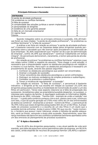 o&s - v.11 - n.29 - Janeiro/Abril - 2004162
Nilda Maria de Clodoaldo Pinto Guerra Leone
Quando indagados sobre os principais entraves à sucessão, três afirmati-
vas foram as mais citadas: “a perda da atividade profissional”, “os problemas ou
conflitos familiares” e “a falta de sucessor”.
A análise a ser feita em relação ao entrave “a perda da atividade profissio-
nal” é bastante coerente com as respostas dadas pelos dirigentes quando per-
guntados sobre a atividade que irão exercer após procederem à transmissão de
suas empresas: 36,36% responderam que “manter-se-ão a par da administração
da empresa”, contra 39,39% que declararam “ continuar trabalhando em tempo
integral”. Os percentuais demonstram, claramente, o temor pela perda da ativida-
de profissional.
Em relação ao entrave “os problemas ou conflitos familiares” vejamos o que
nos relata Leone (1996) a respeito do assunto: “Para chegar a uma solução, é
necessário que o empreendedor supere os obstáculos psicológicos em relação a
si mesmo e a sua família. Para suprir os obstáculos psicológicos é necessário um
procedimento de ajuda, através dos passos seguintes:
1. Conhecer os obstáculos psicológicos que podem ser encontrados;
2. Analisar a situação de sucessão;
3. Tomar consciência dos obstáculos psicológicos a serem enfrentados;
4. Distinguir os motivos verdadeiros de simples pretextos e subterfúgios;
5. Combater os pretextos e subterfúgios;
6. Tomar a iniciativa de regulamentar a sucessão”.
Em relação ao entrave “a falta de sucessor”, o percentual é bastante
indicativo: o dirigente já fez sua escolha em relação ao sucessor (51,52% dos
dirigentes pesquisados escolheu a modalidade de transmissão do poder a um dos
filhos em particular). Talvez esse aspecto relacione-se à falta de preparação dos
sucessores. Acreditamos caber ao proprietário/sucedido despertar, no sucessor, o
interesse pelo negócio da família. A reportagem publicada no Informativo SAARA,
de fevereiro de 2002, intitulada “Família Calil : exemplo de união e tradição” nos
diz que : “ o gosto pelo comércio começou com a avó, passou para o pai, continuou
com eles, e que da quarta geração só o filho mais velho de um dos entrevistados
se dedica ao comércio”. Analisando a variável - número de filhos -, o percentual de
78,79% indica que esses dirigentes pesquisados têm de um a três filhos. A prepa-
ração do processo sucessório e a escolha de um dos filhos é um duelo que o
sucedido terá de enfrentar. Ainda é Leone (1996:79) que nos diz: “neste momen-
to, o herdeiro que possuir maior liderança, aliada a métodos de gestão adequa-
dos, sairá na frente, vencendo o duelo pela sucessão. Possivelmente, essa lide-
rança manifesta não daria fim aos conflitos e problemas familiares apontados como
um dos entraves ao planejamento do processo sucessório.
E “ O Após a Sucessão ?”
Para 81,82% dos dirigentes pesquisados, o seu atual padrão de vida será
mantido, pois além de possuírem outros patrimônios além da empresa, em 90,91%
dos casos, ainda disporão de recursos de poupança familiar (59,46%) e aposen-
ENTRAVES CLASSIFICAÇÃO
A perda da atividade profissional 1
Os problemas ou conflitos familiares 1
A falta de sucessor 2
A complexidade das soluções jurídicas a serem implantadas 3
A personalidade do dirigente 4
A existência de uma garantia pessoal 5
A falta de um mercado empresarial 5
O regime fiscal 6
Outros 6
Principais Entraves à Sucessão
 