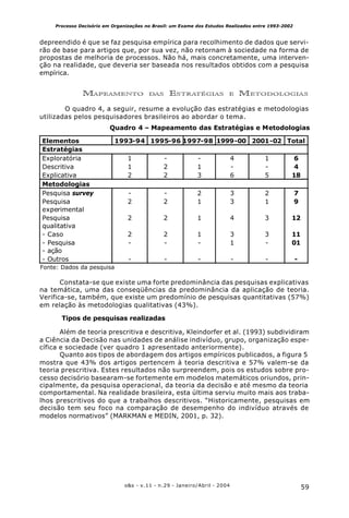 59o&s - v.11 - n.29 - Janeiro/Abril - 2004
Processo Decisório em Organizações no Brasil: um Exame dos Estudos Realizados entre 1993-2002
depreendido é que se faz pesquisa empírica para recolhimento de dados que servi-
rão de base para artigos que, por sua vez, não retornam à sociedade na forma de
propostas de melhoria de processos. Não há, mais concretamente, uma interven-
ção na realidade, que deveria ser baseada nos resultados obtidos com a pesquisa
empírica.
MAPEAMENTO DAS ESTRATÉGIAS E METODOLOGIAS
O quadro 4, a seguir, resume a evolução das estratégias e metodologias
utilizadas pelos pesquisadores brasileiros ao abordar o tema.
Quadro 4 – Mapeamento das Estratégias e Metodologias
Elementos 1993-94 1995-96 1997-98 1999-00 2001-02 Total
Estratégias
Exploratória 1 - - 4 1 6
Descritiva 1 2 1 - - 4
Explicativa 2 2 3 6 5 18
Metodologias
Pesquisa survey - - 2 3 2 7
Pesquisa
experimental
2 2 1 3 1 9
Pesquisa
qualitativa
2 2 1 4 3 12
- Caso 2 2 1 3 3 11
- Pesquisa
- ação
- - - 1 - 01
- Outros - - - - - -
Fonte: Dados da pesquisa
Constata-se que existe uma forte predominância das pesquisas explicativas
na temática, uma das conseqüências da predominância da aplicação de teoria.
Verifica-se, também, que existe um predomínio de pesquisas quantitativas (57%)
em relação às metodologias qualitativas (43%).
Tipos de pesquisas realizadas
Além de teoria prescritiva e descritiva, Kleindorfer et al. (1993) subdividiram
a Ciência da Decisão nas unidades de análise indivíduo, grupo, organização espe-
cífica e sociedade (ver quadro 1 apresentado anteriormente).
Quanto aos tipos de abordagem dos artigos empíricos publicados, a figura 5
mostra que 43% dos artigos pertencem à teoria descritiva e 57% valem-se da
teoria prescritiva. Estes resultados não surpreendem, pois os estudos sobre pro-
cesso decisório basearam-se fortemente em modelos matemáticos oriundos, prin-
cipalmente, da pesquisa operacional, da teoria da decisão e até mesmo da teoria
comportamental. Na realidade brasileira, esta última serviu muito mais aos traba-
lhos prescritivos do que a trabalhos descritivos. “Historicamente, pesquisas em
decisão tem seu foco na comparação de desempenho do indivíduo através de
modelos normativos” (MARKMAN e MEDIN, 2001, p. 32).
 