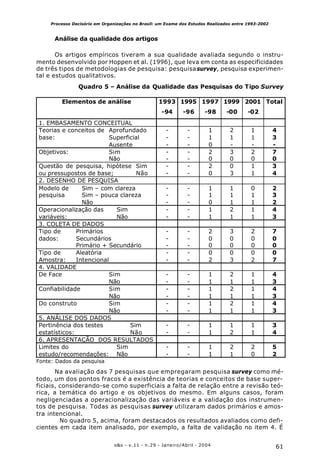 61o&s - v.11 - n.29 - Janeiro/Abril - 2004
Processo Decisório em Organizações no Brasil: um Exame dos Estudos Realizados entre 1993-2002
Análise da qualidade dos artigos
Os artigos empíricos tiveram a sua qualidade avaliada segundo o instru-
mento desenvolvido por Hoppen et al. (1996), que leva em conta as especificidades
de três tipos de metodologias de pesquisa: pesquisasurvey, pesquisa experimen-
tal e estudos qualitativos.
Quadro 5 – Análise da Qualidade das Pesquisas do Tipo Survey
Elementos de análise 1993
-94
1995
-96
1997
-98
1999
-00
2001
-02
Total
1. EMBASAMENTO CONCEITUAL
Teorias e conceitos de
base:
Aprofundado
Superficial
Ausente
-
-
-
-
-
-
1
1
0
2
1
-
1
1
-
4
3
-
Objetivos: Sim
Não
-
-
-
-
2
0
3
0
2
0
7
0
Questão de pesquisa, hipótese
ou pressupostos de base;
Sim
Não
-
-
-
-
2
0
0
3
1
1
3
4
2. DESENHO DE PESQUISA
Modelo de
pesquisa
Sim – com clareza
Sim – pouca clareza
Não
-
-
-
-
-
-
1
1
0
1
1
1
0
1
1
2
3
2
Operacionalização das
variáveis:
Sim
Não
-
-
-
-
1
1
2
1
1
1
4
3
3. COLETA DE DADOS
Tipo de
dados:
Primários
Secundários
Primário + Secundário
-
-
-
-
-
-
2
0
0
3
0
0
2
0
0
7
0
0
Tipo de
Amostra:
Aleatória
Intencional
-
-
-
-
0
2
0
3
0
2
0
7
4. VALIDADE
De Face Sim
Não
-
-
-
-
1
1
2
1
1
1
4
3
Confiabilidade Sim
Não
-
-
-
-
1
1
2
1
1
1
4
3
Do construto Sim
Não
-
-
-
-
1
1
2
1
1
1
4
3
5. ANÁLISE DOS DADOS
Pertinência dos testes
estatísticos:
Sim
Não
-
-
-
-
1
1
1
2
1
1
3
4
6. APRESENTAÇÃO DOS RESULTADOS
Limites do
estudo/recomendações:
Sim
Não
-
-
-
-
1
1
2
1
2
0
5
2
Fonte: Dados da pesquisa
Na avaliação das 7 pesquisas que empregaram pesquisa survey como mé-
todo, um dos pontos fracos é a existência de teorias e conceitos de base super-
ficiais, considerando-se como superficiais a falta de relação entre a revisão teó-
rica, a temática do artigo e os objetivos do mesmo. Em alguns casos, foram
negligenciadas a operacionalização das variáveis e a validação dos instrumen-
tos de pesquisa. Todas as pesquisas survey utilizaram dados primários e amos-
tra intencional.
No quadro 5, acima, foram destacados os resultados avaliados como defi-
cientes em cada item analisado, por exemplo, a falta de validação no item 4. É
 