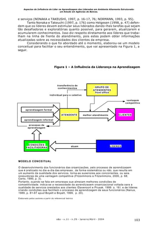 103o&s - v.11 - n.29 - Janeiro/Abril - 2004
Aspectos da Influência do Líder na Aprendizagem dos Liderados em Ambiente Altamente Estruturado:
um Estudo em Agências de Bancos.
e serviços (NONAKA e TAKEUSHI, 1997, p. 16-17, 76; NORMANN, 1993, p. 95).
Tanto Nonaka e Takeuchi (1997, p. 176) como Helgesen (1998, p. 47) defen-
dem que os líderes devem estimular seus liderados dando-lhes tarefas que sejam
tão desafiadoras e exploratórias quanto possível, para gerarem, atualizarem e
acumularem conhecimentos. Isso diz respeito diretamente aos líderes que traba-
lham na linha de frente do atendimento, pois estes podem obter informações
atualizadas sobre as necessidades dos clientes da empresa.
Considerando o que foi abordado até o momento, elaborou-se um modelo
conceitual para facilitar o seu entendimento, que vai apresentado na Figura 1, a
seguir.
ATENDENTE melhor atendimento
GRUPO DE
ATENDENTES
front office
individual para o coletivo
aprendizagem formal
aprendizagem informal
atuam
transferência de
conhecimentos
CLIENTES
vantagem
competitiva
processo de
aprendizagem
CONDIÇÕES
FACILITADORAS
LÍDERES
MODELO CONCEITUAL
O desenvolvimento dos funcionários das organizações, pelo processo de aprendizagem
que é praticado no dia-a-dia das empresas , de forma sistemática ou não, que resulta em
um aumento da qualidade dos serviços, torna-as superiores aos concorrentes, ou seja,
possuidoras de uma vantagem competitiva (Fitzsimmons e Fitzsimmons, 2000, p. 68;
Certo,Certo, 1990, p. 3).
Portanto, quando se fala em empresas que almejam melhores condições de
competitividade, indica-se a necessidade da aprendizagem organizacional voltada para a
qualidade de serviços prestados aos clientes (Davenport e Prusak, 1999, p. 16), e de líderes
criando condições que facilitem o processo de aprendizagem de seus funcionários (Nanus,
1989, p. 81-97 apud Boyett e Boyett, 1999, p. 20).
Elaborado pelos autores a partir do referencial teórico
Figura 1 – A Influência da Liderança na Aprendizagem
 