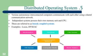 32
5
.
Distributed Operating System
• Various autonomous interconnected computers communicate with each other using a shared
communication network.
• Independent systems possess their own memory unit and CPU.
• These are referred to as loosely coupled systems.
• Examples:- Locus, DYSEAC
 