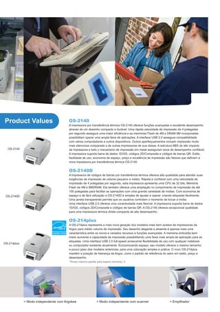 Product Values                         OS-2140
                                       A impressora por transferência térmica OS-2140 oferece funções avançadas e excelente desempenho
                                       através de um desenho compacto e durável. Uma rápida velocidade de impressão de 4 polegadas
                                       por segundo assegura uma maior eficiência e as memórias Flash de 4M e DRAM 8M incorporadas
                                       possibilitam operar uma ampla faixa de aplicações. A interface USB 2.0 assegura compatibilidade
                                       com vários computadores e outros dispositivos. Outros aperfeiçoamentos incluem impressão muito
                                       mais silenciosa comparada a de outras impressoras de sua classe. A estrutura ABS de alto impacto
  OS-2140                              da impressora e todo o mecanismo de impressão em metal asseguram anos de desempenho confiável.
                                       A impressora suporta barra de dados 1D/GS, códigos 2D/Composite e códigos de barras QR. Estilo,
                                       facilidade de uso, economia de espaço, preço e excelência de impressão são fatores que definem a
                                       nova impressora por transferência térmica OS-2140.


                                       OS-2140D
                                       A impressora de códigos de barras por transferência térmica oferece alta qualidade para atender suas
                                       exigências de impressão de volume pequeno e médio. Rápida e confiável com uma velocidade de
                                       impressão de 4 polegadas por segundo, esta impressora apresenta uma CPU de 32 bits, Memória
                                       Flash de 4M e 8MDRAM. Ela também oferece uma ampliação no comprimento de impressão de até
                                       100 polegadas para facilitar as operações com uma grande variedade de mídias. Com economia de
 OS-2140D                              espaço e de fácil utilização a OS-2140D é simples de ajustar e operar, criando etiquetas facilmente.
                                       Uma janela transparente permite que os usuários controlem o momento de trocar a mídia.
                                       Uma interface USB 2.0 oferece uma conectividade mais flexível. A impressora suporta barra de dados
                                       1D/GS, códigos 2D/Composite e códigos de barras QR. A OS-2140 oferece excepcional qualidade
                                       para uma impressora térmica direta compacta de alto desempenho.


                                       OS-214plus
                                       A OS-214plus representa a mais nova geração dos modelos mais bem aceitos de impressoras da
                                       Argox para médio volume de impressão. Seu desenho elegante e atraente é apenas mais uma
                                       característica entre os novos e variados recursos e funções avançadas. A memória embutida bem
                                       maior aumenta a capacidade de impressão possibilitando uma faixa mais ampla de aplicação para as
                                       etiquetas. Uma interface USB 2.0 full-speed acrescenta flexibilidade de uso com qualquer notebook
OS-214plus
                                       ou computador existente atualmente. Economizando espaço, seu modelo oferece o mesmo tamanho
                                       e pouco peso dos modelos anteriores, para uma colocação simples e prática. O novo OS-214plus
                                       mantém a posição de liderança da Argox, como o padrão de referência do setor em estilo, preço e
                                       desempenho.
                                       *Tempo máximo padrão para espera (minutos): 5




             > Modo independente com Argokee                 > Modo independente com scanner                      > Empilhador
 