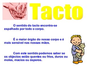 Tacto O sentido do tacto encontra-se espalhado por todo o corpo. É o maior órgão do nosso corpo e é mais sensível nas nossas mãos. Com este sentido podemos saber se os objectos estão quentes ou frios, duros ou moles, macios ou ásperos. 