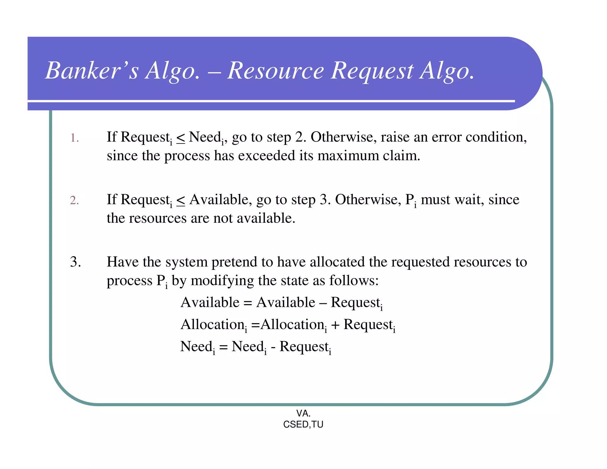 Banker’s Algo. – Resource Request Algo.

  1.   If Requesti < Needi, go to step 2. Otherwise, raise an error condition,
       since the process has exceeded its maximum claim.

  2.   If Requesti < Available, go to step 3. Otherwise, Pi must wait, since
       the resources are not available.

  3.   Have the system pretend to have allocated the requested resources to
       process Pi by modifying the state as follows:
                   Available = Available – Requesti
                   Allocationi =Allocationi + Requesti
                   Needi = Needi - Requesti



                                      VA.
                                    CSED,TU
 