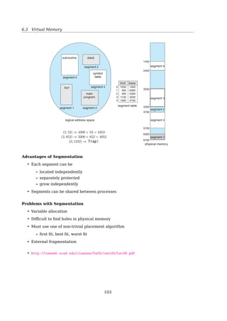 6.3 Virtual Memory
Other Issues — I/O interlock
Case 2
Another bad sequence of events:
1. A low-priority process faults
2. The paging system selects a replacement frame. Then, the necessary page is loaded
into memory
3. The low-priority process is now ready to continue, and waiting in the ready queue
4. A high-priority process faults
5. The paging system looks for a replacement
(a) It sees a page that is in memory but not been referenced nor modiﬁed: perfect!
(b) It doesn’t know the page is just brought in for the low-priority process
6.3.9 Segmentation
Two Views of A Virtual Address Space
One-dimensional
a linear array of bytes
max +------------------+
| Stack | Stack segment
+--------+---------+
| | |
| v |
| |
| ^ |
| | |
+--------+---------+
| Dynamic storage | Heap
|(from new, malloc)|
+------------------+
| Static variables |
| (uninitialized, | BSS segment
| initialized) | Data segment
+------------------+
| Code | Text segment
0 +------------------+
Two-dimensional
a collection of variable-sized segments
User’s View
• A program is a collection of segments
• A segment is a logical unit such as:
main program procedure function
method object local variables
global variables common block stack
symbol table arrays
103
 