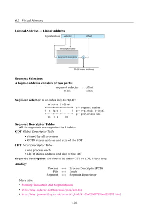 6.3 Virtual Memory
7.7 Example: The Intel Pentium 307
logical address space
subroutine stack
symbol
table
main
program
Sqrt
1400
physical memory
2400
3200
segment 2
4300
4700
5700
6300
6700
segment table
limit
0
1
2
3
4
1000
400
400
1100
1000
base
1400
6300
4300
3200
4700
segment 0
segment 3
segment 4
segment 2segment 1
segment 0
segment 3
segment 4
segment 1
Figure 7.20 Example of segmentation.
onto location 4300 + 53 = 4353. A reference to segment 3, byte 852, is mapped to
3200 (the base of segment 3) + 852 = 4052. A reference to byte 1222 of segment
0 would result in a trap to the operating system, as this segment is only 1,000
bytes long.
7.7 Example: The Intel Pentium
Both paging and segmentation have advantages and disadvantages. In fact,
some architectures provide both. In this section, we discuss the Intel Pentium
architecture, which supports both pure segmentation and segmentation with
paging. We do not give a complete description of the memory-management
structure of the Pentium in this text. Rather, we present the major ideas on
which it is based. We conclude our discussion with an overview of Linux
address translation on Pentium systems.
In Pentium systems, the CPU generates logical addresses, which are given
to the segmentation unit. The segmentation unit produces a linear address for
each logical address. The linear address is then given to the paging unit, which
in turn generates the physical address in main memory. Thus, the segmentation
and paging units form the equivalent of the memory-management unit (MMU).
This scheme is shown in Figure 7.21.
7.7.1 Pentium Segmentation
The Pentium architecture allows a segment to be as large as 4 GB, and the
maximum number of segments per process is 16 K. The logical-address space
(0, 1222) ⇒ Trap!
(3, 852) ⇒ 3200 + 852 = 4052
(2, 53) ⇒ 4300 + 53 = 4353
Advantages of Segmentation
• Each segment can be
– located independently
– separately protected
– grow independently
• Segments can be shared between processes
Problems with Segmentation
• Variable allocation
• Diﬀicult to ﬁnd holes in physical memory
• Must use one of non-trivial placement algorithm
– ﬁrst ﬁt, best ﬁt, worst ﬁt
• External fragmentation
See also: http://cseweb.ucsd.edu/classes/fa03/cse120/Lec08.pdf
Linux prefers paging to segmentation
Because
• Segmentation and paging are somewhat redundant
105
 