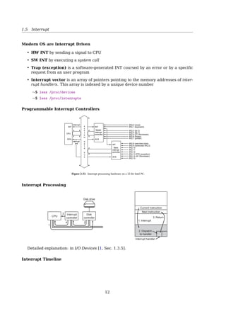 1.4 Bootstrapping
See also: Datasheet for Intel Core 2 Quad-Core Q6000 Sequence2
Some physical memory addresses are mapped away!
• only the addresses, not the spaces
• Memory holes
- 640KB ∼ 1MB
- /proc/iomem
Memory-mapped I/O
• BIOS ROM
• video cards
• PCI cards
• ...
This is why 32-bit OSes have problems using 4 gigs of RAM.
0xFFFFFFFF +--------------------+ 4GB
Reset vector | JUMP to 0xF0000 |
0xFFFFFFF0 +--------------------+ 4GB - 16B
| Unaddressable |
| memory, real mode |
| is limited to 1MB. |
0x100000 +--------------------+ 1MB
| System BIOS |
0xF0000 +--------------------+ 960KB
| Ext. System BIOS |
0xE0000 +--------------------+ 896KB
| Expansion Area |
| (maps ROMs for old |
| peripheral cards) |
0xC0000 +--------------------+ 768KB
| Legacy Video Card |
| Memory Access |
0xA0000 +--------------------+ 640KB
| Accessible RAM |
| (640KB is enough |
| for anyone - old |
| DOS area) |
0 +--------------------+ 0
What if you don’t have 4G RAM?
the northbridge
1. receives a physical memory request
2. decides where to route it
- to RAM? to video card? to ...?
- decision made via the memory address map
• When is the memory address map built? setup().
1.4 Bootstrapping
Bootstrapping
Can you pull yourself up by your own bootstraps?
A computer cannot run without ﬁrst loading software but must be running before any
software can be loaded.
BIOS
Initialization
MBR Boot Loader
Earily
Kernel
Initialization
Full
Kernel
Initialization
First
User Mode
Process
BIOS Services Kernel Services
Hardware
CPU in Real Mode
Time ﬂow
CPU in Protected Mode
Switch to
Protected Mode
2http://download.intel.com/design/processor/datashts/31559205.pdf
12
 