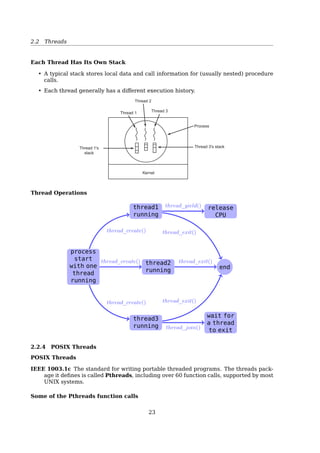 2.2 Threads
Threads
+------------------------------------+
| code, data, open files, signals... |
+-----------+-----------+------------+
| thread ID | thread ID | thread ID |
+-----------+-----------+------------+
| program | program | program |
| counter | counter | counter |
+-----------+-----------+------------+
| register | register | register |
| set | set | set |
+-----------+-----------+------------+
| stack | stack | stack |
+-----------+-----------+------------+
2.2.2 Why Thread?
A Multi-threaded Web Server
Dispatcher thread
Worker thread
Web page cache
Kernel
Network
connection
Web server process
User
space
Kernel
space
Fig. 2-10. A multithreaded Web server.
while (TRUE) { while (TRUE) {
get next request(buf); wait for work(buf)
handoff work(buf); look for page in cache(buf, page);
} if (page not in cache(page))
read page from disk(buf, page);
return page(page);
}
(a) (b)
Fig. 2-11. A rough outline of the code for Fig. 2-10. (a) Dispatcher
thread. (b) Worker thread.
A Word Processor With 3 Threads
Kernel
Keyboard Disk
Four score and seven
years ago, our fathers
brought forth upon this
continent a new nation:
conceived in liberty,
and dedicated to the
proposition that all
men are created equal.
Now we are engaged
in a great civil war
testing whether that
nation, or any nation
so conceived and so
dedicated, can long
endure. We are met on
a great battlefield of
that war.
We have come to
dedicate a portion of
that field as a final
resting place for those
who here gave their
lives that this nation
might live. It is
altogether fitting and
proper that we should
do this.
But, in a larger sense,
we cannot dedicate, we
cannot consecrate we
cannot hallow this
ground. The brave
men, living and dead,
who struggled here
have consecrated it, far
above our poor power
to add or detract. The
world will little note,
nor long remember,
what we say here, but
it can never forget
what they did here.
It is for us the living,
rather, to be dedicated
here to the unfinished
work which they who
fought here have thus
far so nobly advanced.
It is rather for us to be
here dedicated to the
great task remaining
before us, that from
these honored dead we
take increased devotion
to that cause for which
they gave the last full
measure of devotion,
that we here highly
resolve that these dead
shall not have died in
vain that this nation,
under God, shall have
a new birth of freedom
and that government of
the people by the
people, for the people
Fig. 2-9. A word processor with three threads.23
 