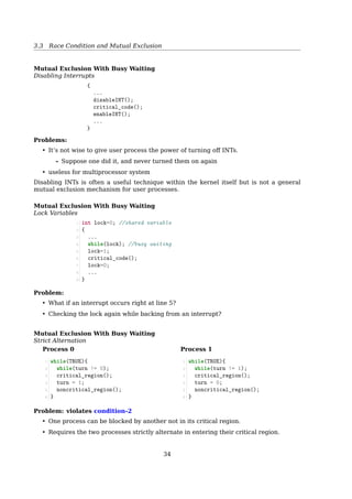 3.2 Shared Memory
Producer-Consumer Problem
— Bounded-Buﬀer Problem (Circular Array)
Front(out): the ﬁrst full position
Rear(in): the next free position
out
in
c
b
a
Full or empty when front == rear?
Producer-Consumer Problem
Common solution:
Full: when (in+1)%BUFFER_SIZE == out
Actually, this is full - 1
Empty: when in == out
Can only use BUFFER_SIZE-1 elements
Shared data:
1 #define BUFFER_SIZE 6
2 typedef struct {
3 ...
4 } item;
5 item buffer[BUFFER_SIZE];
6 int in = 0; //the next free position
7 int out = 0;//the first full position
Bounded-Buﬀer Problem
34
 