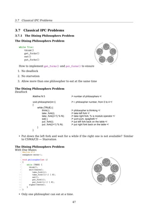 3.5 Monitors
3.5 Monitors
Monitors
Monitor a high-level synchronization object for achieving mutual exclusion.
• It’s a language concept, and C does not have it.
• Only one process can be active in a monitor at
any instant.
• It is up to the compiler to implement mutual ex-
clusion on monitor entries.
– The programmer just needs to know that by
turning all the critical regions into monitor
procedures, no two processes will ever exe-
cute their critical regions at the same time.
1 monitor example
2 integer i;
3 condition c;
4
5 procedure producer();
6 ...
7 end;
8
9 procedure consumer();
10 ...
11 end;
12 end monitor;
Monitor
The producer-consumer problem
1 monitor ProducerConsumer
2 condition full, empty;
3 integer count;
4
5 procedure insert(item: integer);
6 begin
7 if count = N then wait(full);
8 insert_item(item);
9 count := count + 1;
10 if count = 1 then signal(empty)
11 end;
12
13 function remove: integer;
14 begin
15 if count = 0 then wait(empty);
16 remove = remove_item;
17 count := count - 1;
18 if count = N - 1 then signal(full)
19 end;
20 count := 0;
21 end monitor;
1 procedure producer;
2 begin
3 while true do
4 begin
5 item = produce_item;
6 ProducerConsumer.insert(item)
7 end
8 end;
9
10 procedure consumer;
11 begin
12 while true do
13 begin
14 item = ProducerConsumer.remove;
15 consume_item(item)
16 end
17 end;
3.6 Message Passing
Message Passing
• Semaphores are too low level
• Monitors are not usable except in a few programming languages
• Neither monitor nor semaphore is suitable for distributed systems
• No conﬂicts, easier to implement
Message passing uses two primitives, send and receive system calls:
- send(destination, message);
- receive(source, message);
47
 